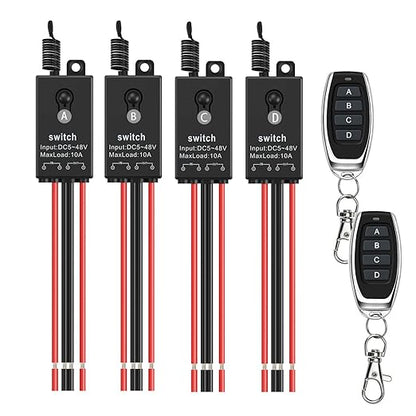 12v Remote Control Switch,4 Way Mini Wireless Switch,DC 12V/24V/48V/10A Relay with 328FT Long Range, Wireless RF Switch for Car,Lamps,LED Lights,Fans(2 Remote Controls,4 Receivers)
