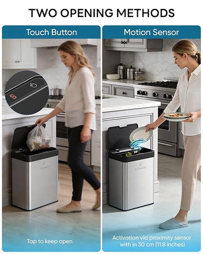 13 Gallon / 50L Touchless Automatic Trash Can, Slim Motion Sensor Kitchen Garbage Can, Stainless Steel, Soft Close Lid, Fingerprint Resistant, Hands-Free, Odor Control, Silver