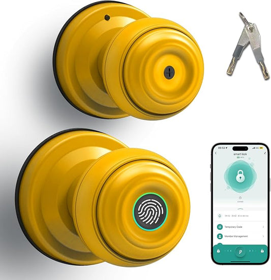 UMIKSMART Fingerprint Door Knob Lock, Smart Keyless Entry Door Knob with Tuya App Control & Auto-Lock, Backup Key, Easy Install for Home, Apartment, Office, Yellow