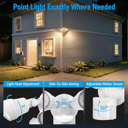 LEONLITE COB LED Security Light, Motion Sensor Outdoor Lights, Dusk to Dawn, 100-277V, ETL Listed, Adjustable Heads, Motion Detector Flood Light, Aluminum, IP65 Waterproof, 3000K Warm White, White