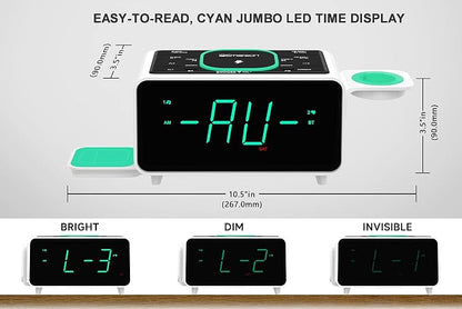 Emerson Smartset Dual Alarm Clock FM Radio with Wireless Charging, Bluetooth Speaker, Ultra Fast Charging for Airpods/iPhone, Foldable Stand, USB Charger, Adjustable LED Glow, ER100501
