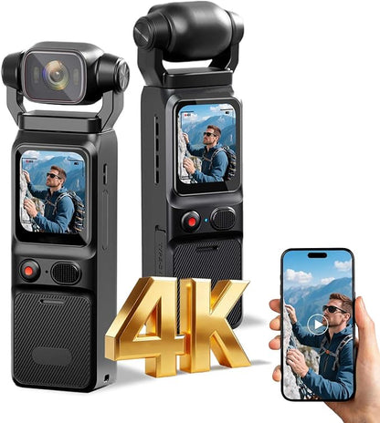 4K Vlogging Camera Mini Action Camera 180° Rotating Pocket Body Cam with Audio & Video Handheld Pov Cameras with Stabilization, Touch Screen, 64GB Card Small Vlog Camcorder for Sport, Travel, Daily