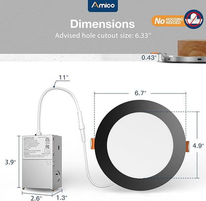 Amico 24 Pack Black 6 Inch 5CCT Ultra-Thin LED Recessed Ceiling Light with Junction Box, 2700K-5000K Selectable, 1050 Lumens, Dimmable Canless Wafer Downlight, 12W Eqv 110W-ETL&FCC