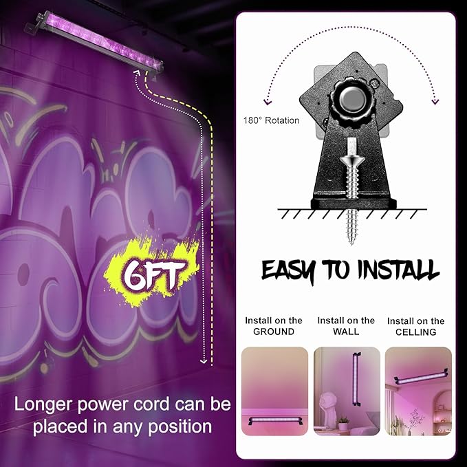 Upgraded 4 Pack 40W LED Black Light Bar,Blacklight with Plug+Switch+6.5ft Cord,Black Lights Party Supplies for Halloween Glow Fluorescent Party Bedroom Game Room Body Paint Stage Lighting