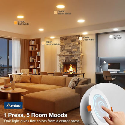 Amico 6 Pack 6 Inch Press to Select 5CCT Ultra-Thin Recessed Light with Junction Box, 2700K/3000K/3500K/4000K/5000K Selectable, 12W=110W, 1050LM High Brightness, Dimmable Wafer Downlight-ETL&FCC