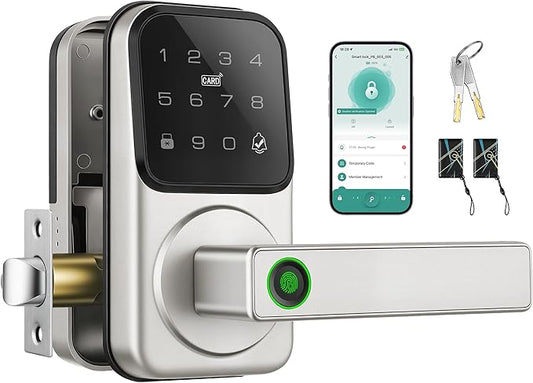 Smart Door Lock with Handle, Heittis Fingerprint Smart Lock with Touchscreen Keypad - Keyless Biometric Deadbolt Door Knob for Front Door, Bedroom, Interior or Exterior Use (Nickel, App Control)