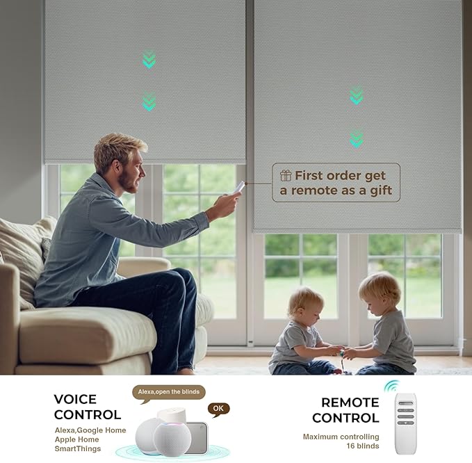 HeyBlinds Motorized Blinds with Remote, 100% Blackout Smart Blinds, Automatic Shades for Windows Compatible with Alexa Google and Homekit, Custom Size(Photo Film-Gray BO)