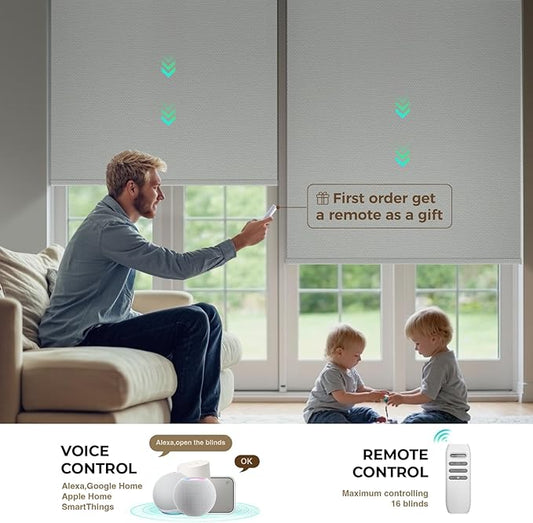 HeyBlinds Motorized Blinds with Remote, 100% Blackout Smart Blinds, Automatic Shades for Windows Compatible with Alexa Google and Homekit, Custom Size(Photo Film-Gray BO)