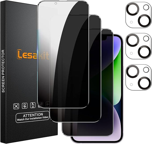 Lesakit 3+3 Pack Privacy Screen Protector for iPhone 14 Plus 6.7-Inch with 3 Pack Camera Lens Protector, Anti Spy Tempered Glass Film 9H Hardness Bubble Free Case Friendly