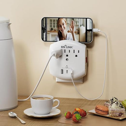 BN-LINK 3-Outlet Extender, Multi Plug Outlets with 3 USB Ports (3.4A Total), Dusk-to-Dawn Sensor Night Light, Surge Protector with Top Phone Holder, for Traveling, Home, School, Office
