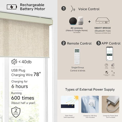 Motorized Light Filtering Roller Shades with Remote Control, Electric Smart Shades Compatible with Alexa and Google, Rechargeable, Customizable Size (Textured Creamy White)