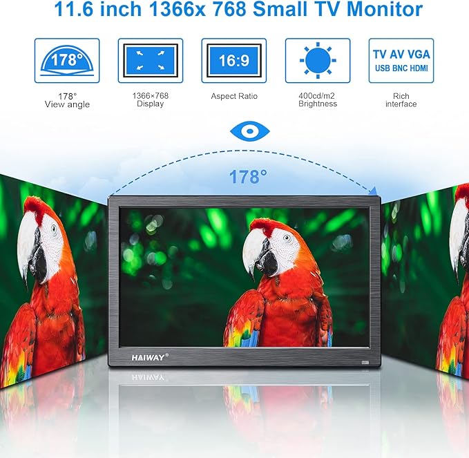 Haiway 11.6 inch Security Monitor, 1366x768 LED Monitor Small HDMI Monitors with Remote Control Built-in Speakers, Mini Monitors HDMI VGA AV BNC USB Input for CCTV Raspberry Pi PC Fire Stick Gaming