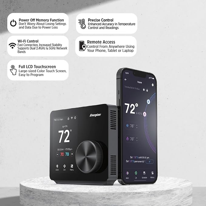 Energizer Smart Thermostat, Programable Wi-Fi Thermostat, 5GHz & 2.4GHz, Compatible with Alexa and Google, App Control, 3.5” inch Color Touch Screen, Easy Installation, 7 Day Scheduling, Night Light
