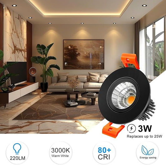 inShareplus 2 Inch LED Downlight, 3W Recessed Lighting COB Dimmable, 3000K Warm White, CRI80, Black Trim, Ceiling Lights with LED Driver, 6 Pack