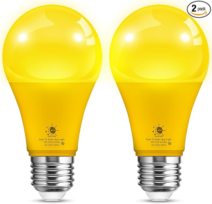 L LOHAS LED Dusk to Dawn Bug Light Bulb Outdoor, A19 Yellow LED Bug Light Bulbs, 9W Auto On/Off Bug Lights for Outside, Amber Porch Light Bulb 60W Equi, Non-Attracting, E26 Base for Backyard, 2 Pack