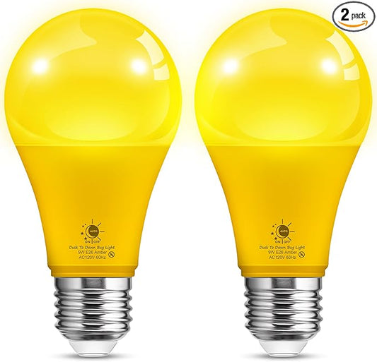 L LOHAS LED Dusk to Dawn Bug Light Bulb Outdoor, A19 Yellow LED Bug Light Bulbs, 9W Auto On/Off Bug Lights for Outside, Amber Porch Light Bulb 60W Equi, Non-Attracting, E26 Base for Backyard, 2 Pack