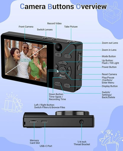 4K Digital Camera for Photography- 64MP Autofocus Vlogging Camera with Dual Lens, 18X Digital Zoom- Small Point and Shoot Camera with Card and 2000mAh for YouTube, Travel, Beginners (Black)