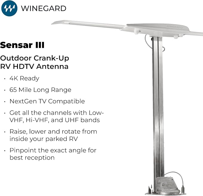 Winegard RV-3095 Sensar III Amplified Outdoor RV Antenna - Crank-Up Batwing HDTV - VHF/UHF, Digital, 4K Ready - Rotation Aiming 65 Mile Long Range - 48 Inch Raised Height