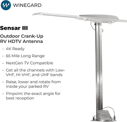 Winegard RV-3095 Sensar III Amplified Outdoor RV Antenna - Crank-Up Batwing HDTV - VHF/UHF, Digital, 4K Ready - Rotation Aiming 65 Mile Long Range - 48 Inch Raised Height