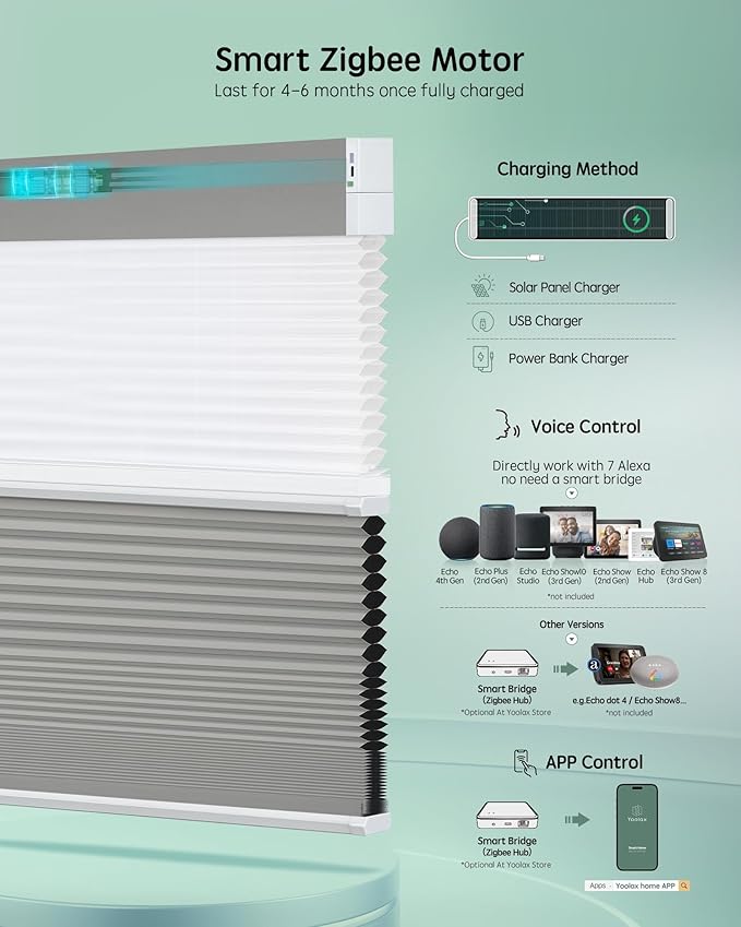 Yoolax Smart Motorized Day and Night Cellular Shades with Remote, Top Down Bottom Up Blinds Compatible with Alexa, Blackout and Light Filtering Honeycomb Blinds (Dark Grey)