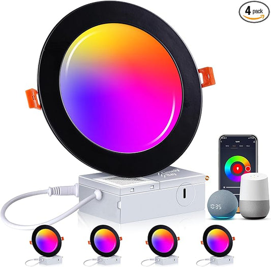 CLOUDY BAY [4 Pack] 6inch Smart WiFi LED Recessed Lights,RGBCW Color Changing Recessed Lighting,Compatible with Alexa and Google Home Assistant,No Hub Required,15W 2700K-6500K,CRI90+,Black
