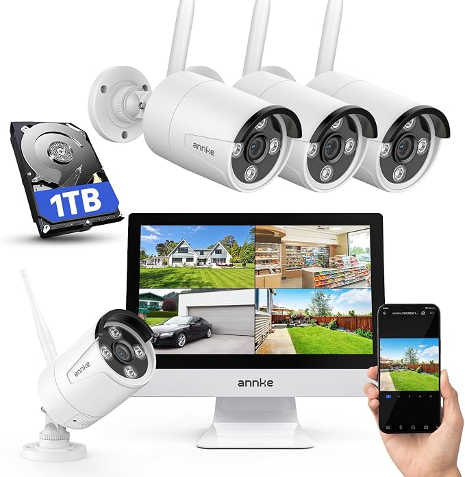 ANNKE 5MP Wireless Security Camera System, 12" Monitor, 4 Cameras, 1TB HDD | 10CH Expandable WiFi NVR, Dual-Band WiFi, Human Detection, Two-Way Audio, Color Night Vision, IP66 Metal Cameras