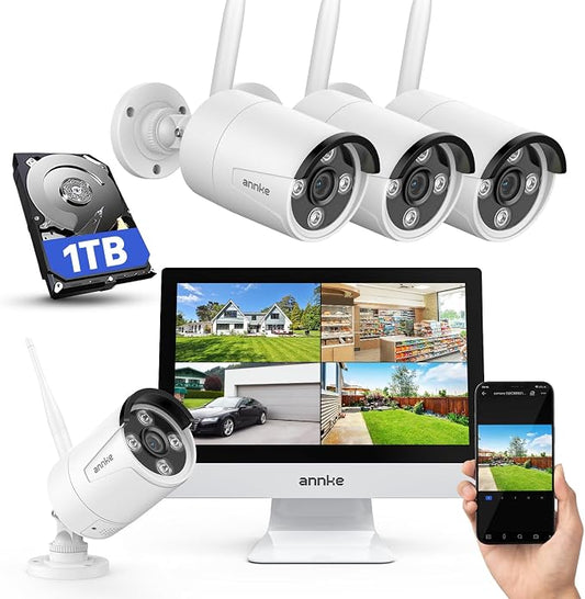 ANNKE 5MP Wireless Security Camera System, 12" Monitor, 4 Cameras, 1TB HDD | 10CH Expandable WiFi NVR, Dual-Band WiFi, Human Detection, Two-Way Audio, Color Night Vision, IP66 Metal Cameras