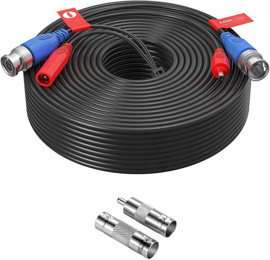 ZOSI 1 Pack 100ft (30 Meters) 2-in-1 Video Power Cable, BNC Extension Surveillance Camera Cables for Video Security Systems (Included 1X BNC Connectors and 1X RCA Adapters)