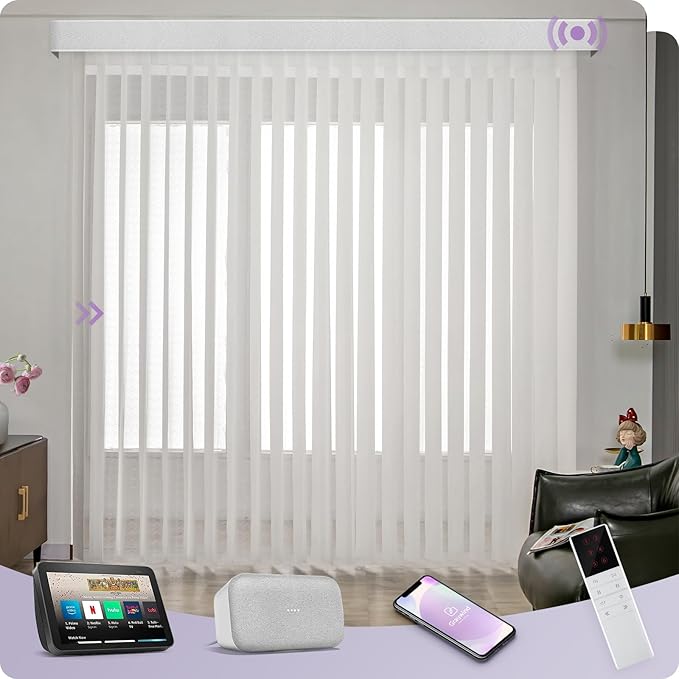 Graywind Motorized Sheer Vertical Blinds Compatible with Alexa Google Smart Sheer Curtain Drapery Privacy Light Filtering Remote Control Vertical Shades, Custom with Up to 157", Wave White