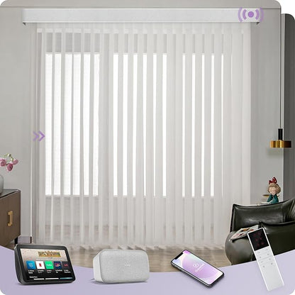 Graywind Motorized Sheer Vertical Blinds Compatible with Alexa Google Smart Sheer Curtain Drapery Privacy Light Filtering Remote Control Vertical Shades, Custom with Up to 157", Wave White