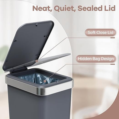 2Pack Small Bathroom Trash Can with Lid Soft Close, 10 Liter/2.6 Gallon Slim Garbage Can-Metal Step and Press top Lid, Mini Modern Waste Basket for Toilet, Office, Bedroom,Dorm,Dark Gray