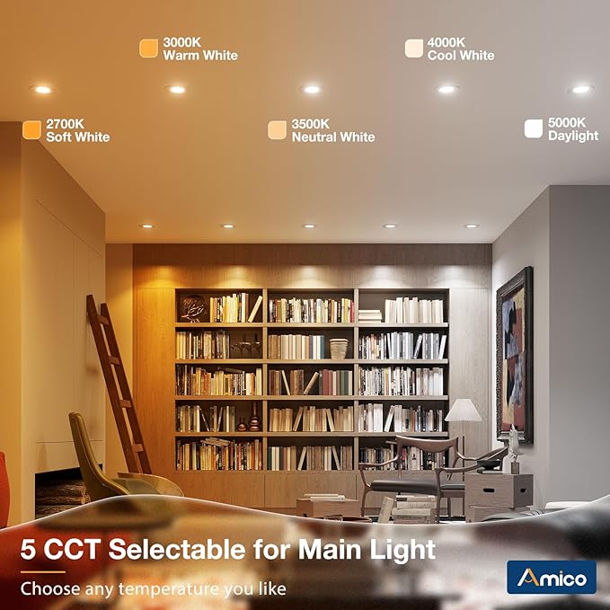 Amico 12 Pack 6 inch 5CCT LED Recessed Lighting with Night Light, 12.5W=100W, 1000LM Can Lights with Baffle Trim, Dimmable, Retrofit Downlight, 2700K/3000K/3500K/4000K/5000K Selectable - ETL & FCC