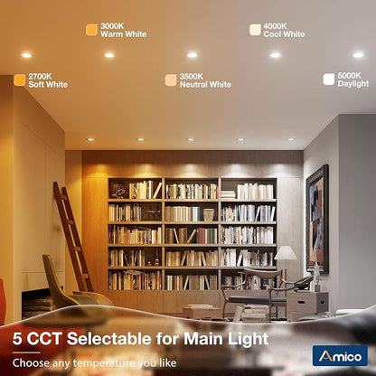 Amico 12 Pack 6 inch 5CCT LED Recessed Lighting with Night Light, 12.5W=100W, 1000LM Can Lights with Baffle Trim, Dimmable, Retrofit Downlight, 2700K/3000K/3500K/4000K/5000K Selectable - ETL & FCC