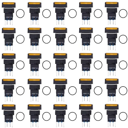 25Pcs Micro Squares Push Button Switch 16mm 12V Self Locking with Light ABS Brass for Automation Equipment DIY Electrical Installation (Yellow)