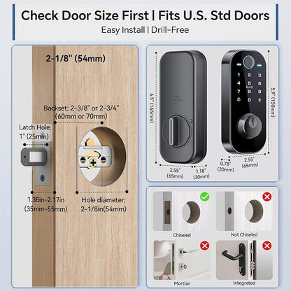 Ulecoce DL08 Fingerprint Smart Deadbolt with App Control, Mate Black | 5‑in‑1 Smart Deadbolt with Remote Control, Auto‑Lock, Touchscreen Keypad, 5 Keys & 2 Fobs, USB‑C Port, ANSI Grade 3 Security
