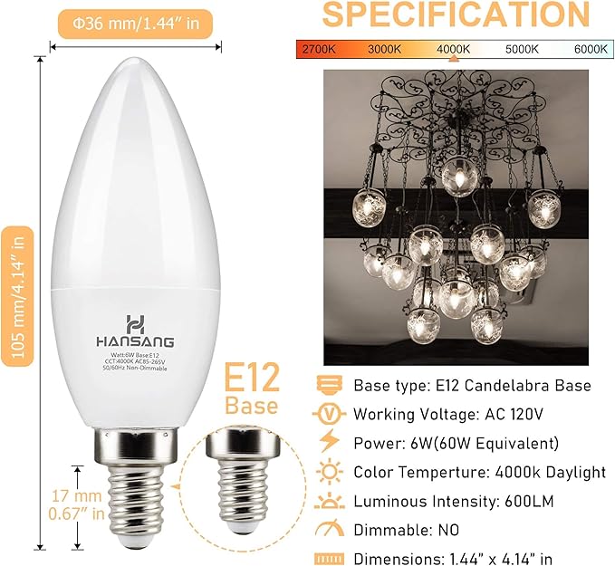 12 Pack E12 LED Candelabra Light Bulbs 60W Equivalent, 4000K Natural White, Chandelier Bulb Small Base, 600 Lumens CRI85+ 120V Type B Candle Light, 6W B11 for Ceiling Fan, Non-Dimmable
