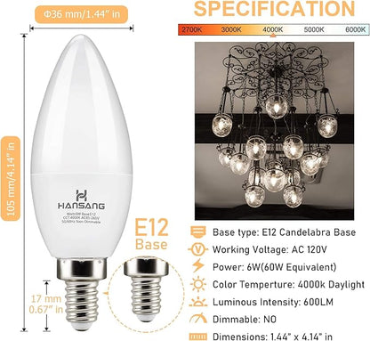 12 Pack E12 LED Candelabra Light Bulbs 60W Equivalent, 4000K Natural White, Chandelier Bulb Small Base, 600 Lumens CRI85+ 120V Type B Candle Light, 6W B11 for Ceiling Fan, Non-Dimmable