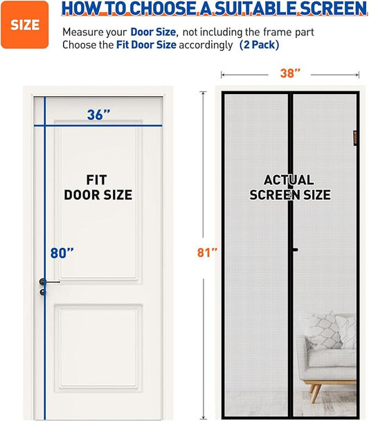 MAGZO Magnetic Screen Door 2 Pack Fit Door Size 36 x 80 Inch, Screen Size 38" x 81" Strong Magnets Mesh, Reinforced Fiberglass Net for Patio and Front Entrances, Gray