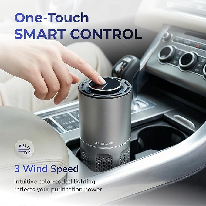 ALIENONE AP-C2-D Car Air Purifier, Portable Personal Mini Unit for Car Home Office Bedroom Desk Travel RV Camping, Compact Quiet Design, 360° Airflow for Small Spaces