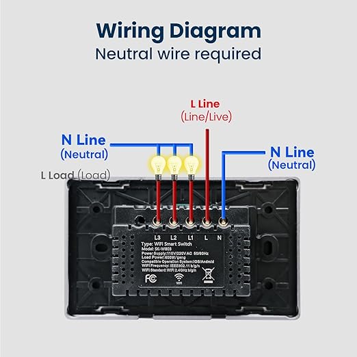 Smart Switch Aluminum Frame,2.5D Glass Panel,4.65 X 2.83 X 1.26 Inches,Need Neutral Wire,2.4GHz WiFi,Work with Tuya/Smart Life,App/Voice Control,Black 3 Button