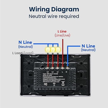 Smart Switch Aluminum Frame,2.5D Glass Panel,4.65 X 2.83 X 1.26 Inches,Need Neutral Wire,2.4GHz WiFi,Work with Tuya/Smart Life,App/Voice Control,Black 3 Button