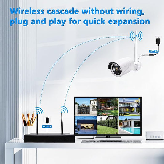 3MP Wireless Security Camera System – 6 Wi-Fi Bullet Cams + 10CH NVR, 15m IR Night Vision, IP66 Weatherproof, H.265, Plug-and-Play Indoor/Outdoor Surveillance, Mobile Alerts, Dual Storage
