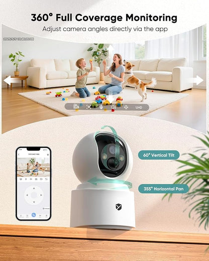 Indoor Camera Pet Camera, 2.5K 4MP Wireless Cat Camera with Phone App, 355° Pan Tilt, Color Night Vision, 2.4/5GHz WiFi, Motion Alerts, 2-Way Audio for Dog Elderly Baby Cat Home (2 Pack)