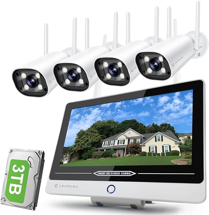 Wireless Security Camera System with 12" Monitor, Human Detection, Floodlight, Siren Alarm, 2-Way Audio, 4PCS 5MP Camera, Expandable 16CH NVR, Home Business Surveillance, 3TB HDD