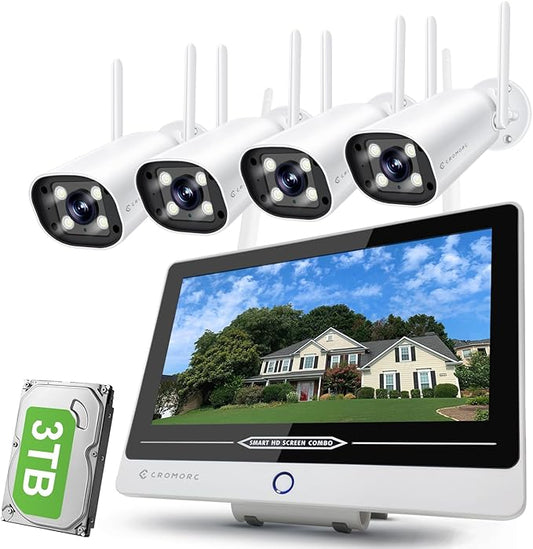 Wireless Security Camera System with 12" Monitor, Human Detection, Floodlight, Siren Alarm, 2-Way Audio, 4PCS 5MP Camera, Expandable 16CH NVR, Home Business Surveillance, 3TB HDD