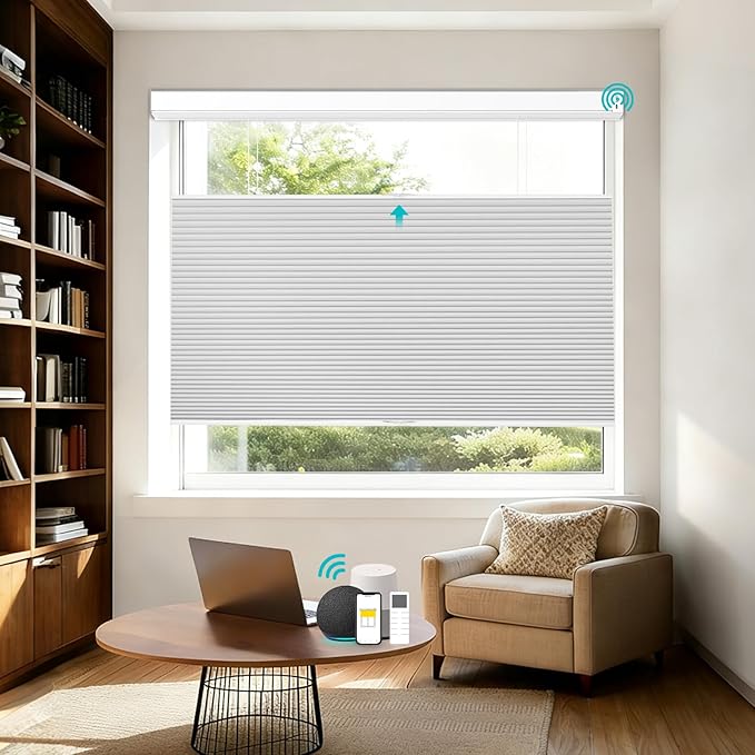 Motorized Top Down Bottom Up Blackout Cellular Shades with Remote, Custom Cordless Smart Honeycomb Blinds, Automatic Electric Window Blinds Work with Alexa Google for Home Office, Light Grey