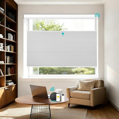 Motorized Top Down Bottom Up Blackout Cellular Shades with Remote, Custom Cordless Smart Honeycomb Blinds, Automatic Electric Window Blinds Work with Alexa Google for Home Office, Light Grey