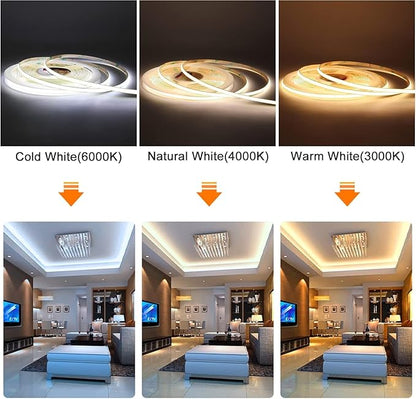 COB LED Strip Light, 16.4FT 12V 4000K Narrow Width 5mm Super Bright CRI 90+ Dotless LED Tape Light, 400LEDs/M Cuttable Flexible Dimmable Light Strip for Indoor Home Decor (No Power Supply)