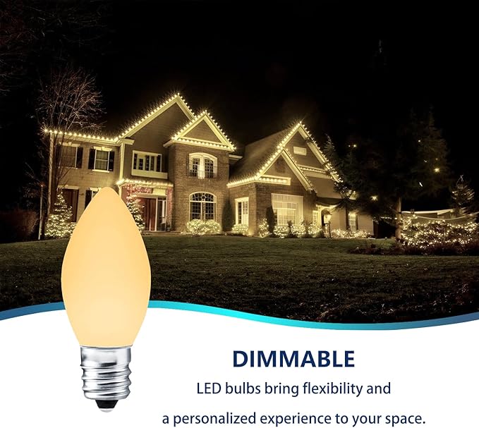 25 Pack C7 Warm White LED Replacement Bulbs – Dimmable White LED Lights Bulbs Decoration, 0.72W Indoor Outdoor Christmas Waterproof Bulbs, Warm Night Light, E12 Candelabra Base, IP:65