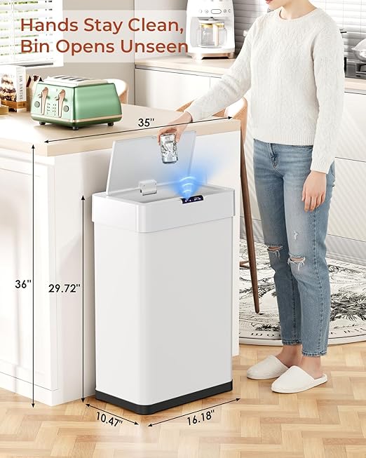 TLSUNNY 18.5 Gallon Motion Sensor Trash Can,Touchless Automatic Garbage Can,Brushed Stainless Steel Smart Bin,with Bag Holder,Soft Close Lid,for Kitchen,Office,RV,Bedroom,Living Room (White, 70L)
